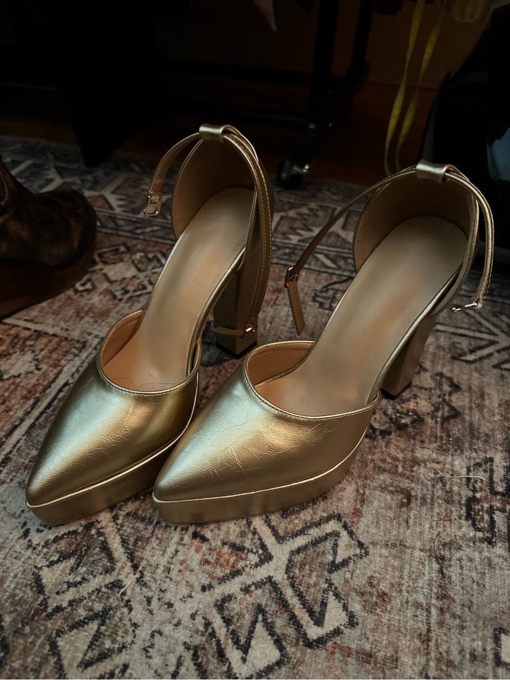 Women's Gold Ankle-Strap Pointed-Toe Heels